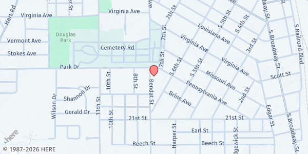 Map showing St. Andrews Food Ministry at 615 Bendat St, McComb, MS