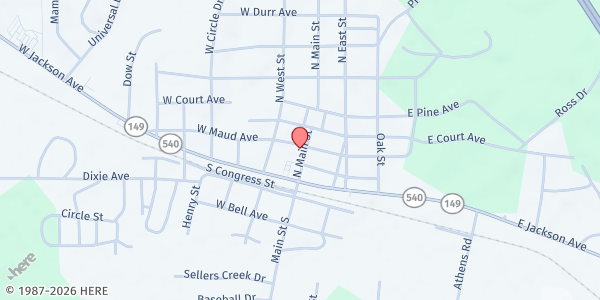 Map showing Simpson Baptist Association Crisis Center at 120 W. Simpson Ave., Mendenhall, MS