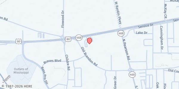 Map showing Cornerstone Church at 1950 Hwy. 80 E., Pearl, MS