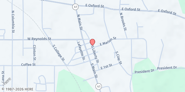 Map showing Churches United Food Bank of P at 24 S. Liberty St., Pontotoc, MS
