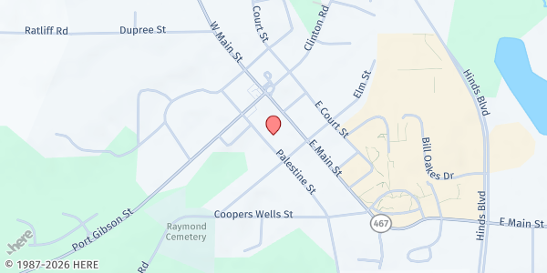 Map showing First Baptist Church Raymond at 207 East Palestine Rd, Raymond, MS