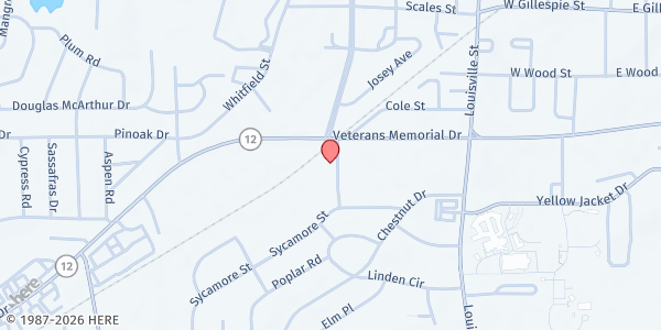 Map showing Pine Lake Care Center - Starkville at 104 Willow Rd, Starkville, MS