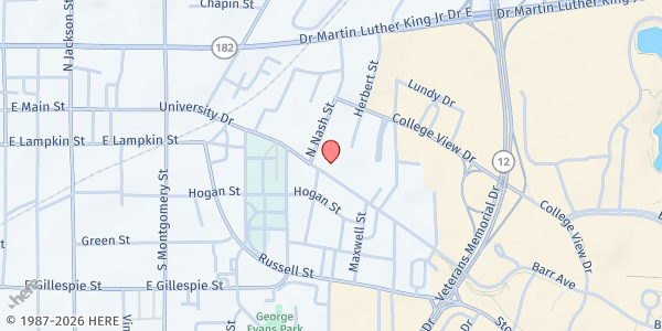 Map showing St. Joseph's Food Pantry at 607 University Dr., Starkville, MS