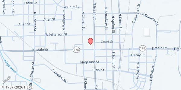 Map showing First United Methodist Church at 412 W. Main St., Tupelo, MS