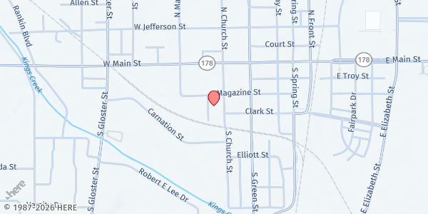 Map showing Helping Hands Ministry at 314 S. Church St., Tupelo, MS