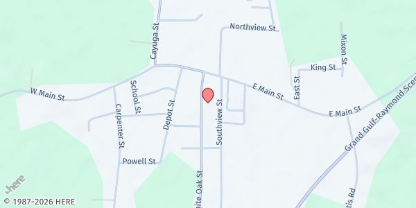 Map showing Jackson-Hinds Community Health Center Food Pantry at 129 White Oak St, Utica, MS