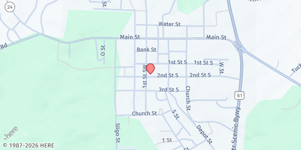 Map showing P.B.M. Ministries, Inc. at 639 Second South St, Woodville, MS