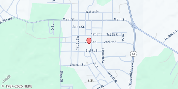 Map showing P.B.M. Ministries, Inc. at 639 2nd S. St., Woodville, MS