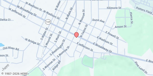 Map showing Southside Baptist Church at 312 E Broadway, Yazoo City, MS