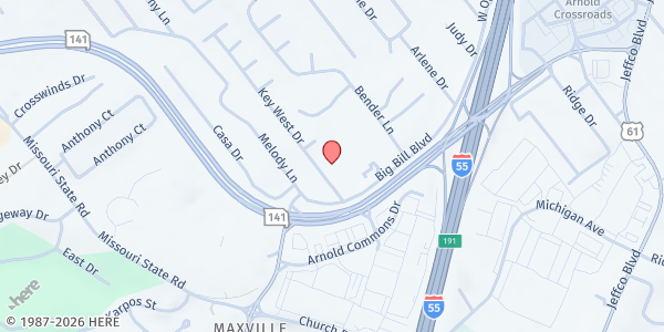 Map showing Gateway Food Pantry - Arnold Location at 2024 Key West Dr, Arnold, MO