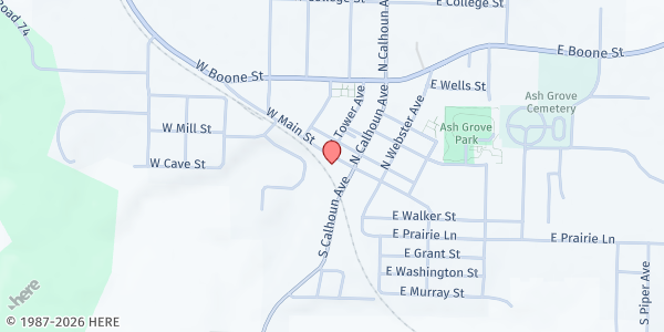 Map showing Ash Grove Food Pantry at 121 W Main St, Ash Grove, MO