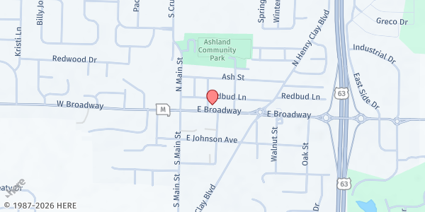 Map showing Ashland Baptist Church at 203 E. Broadway, Ashland, MO