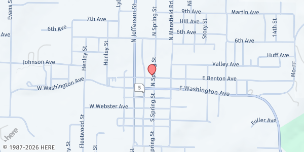 Map showing Douglas Co. Council on Aging - Ava Senior Center at 109 North Spring Street, Ava, MO