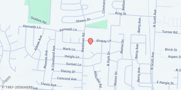 Map showing Belton Christian Church at 409 Airway Ln, Belton, MO