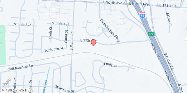 Map showing Heart and Hand Mobile Pantry at 1715 E 173rd Street, Belton, MO