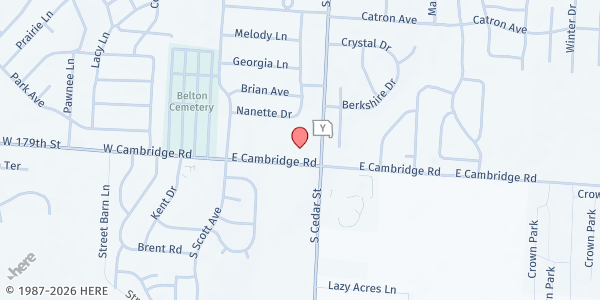 Map showing Heartland Family Ministries First Baptist Church of Belton at 810 S Cedar St, Belton, MO