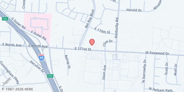 Map showing Lord of Love Lutheran Church at 8306 E 171st St, Belton, MO