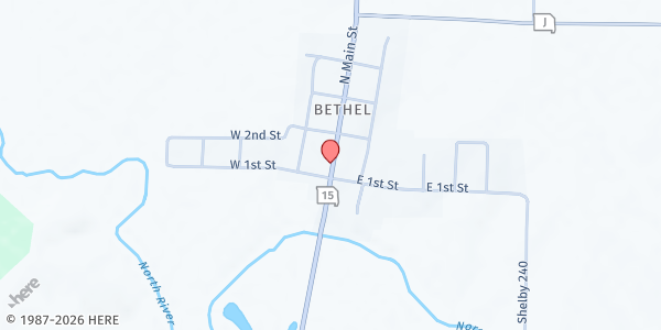 Map showing The Bethel Food Pantry at N. King St. and 3rd St., Bethel, MO