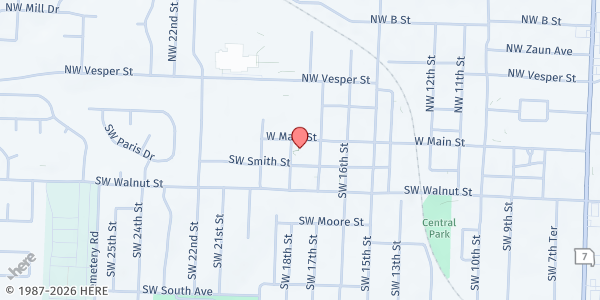 Map showing First Baptist Church - IMPACT Ministry at 1710 W Main Street, Blue Springs, MO