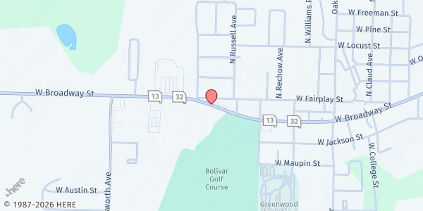 Map showing SeniorAge - Bolivar Senior Center at 1850 W Broadway, Bolivar, MO