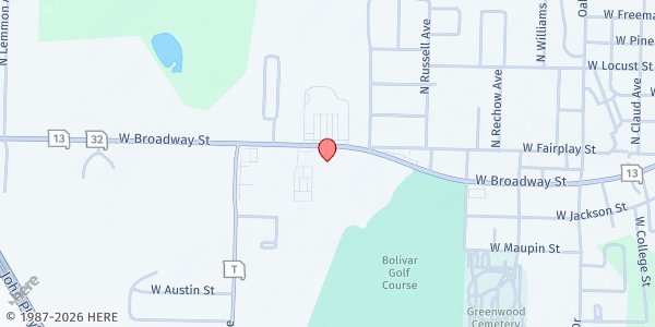 Map showing SeniorAge - Polk County Senior Center at 1850 W. Broadway St., Bolivar, MO