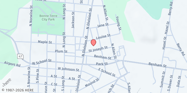 Map showing Bonne Terre Food Pantry at 20 St Joseph, Bonne Terre, MO