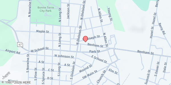 Map showing St. Joseph's Catholic Church - St. Vincent de Paul at 20 St Joseph St., Bonne Terre, MO