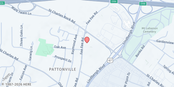 Map showing Fee Fee Baptist Church at 11330 St Charles Rock Rd., Bridgeton, MO