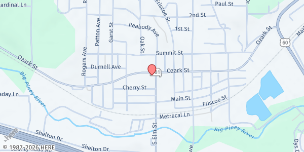 Map showing First Baptist Church of Cabool at 801 Ozark St, Cabool, MO