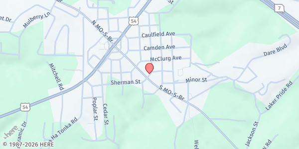 Map showing First Baptist Church of Camdenton at 186 N Business Rte 5, Camdenton, MO