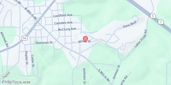 Map showing Hawthorn Elementary (Grades 3-4) at 149 Minor Street, Camdenton, MO