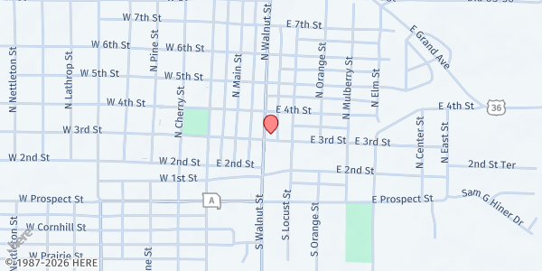 Map showing Cameron Food Pantry and New Life Shoppe at 302 North Walnut Street, Cameron, MO