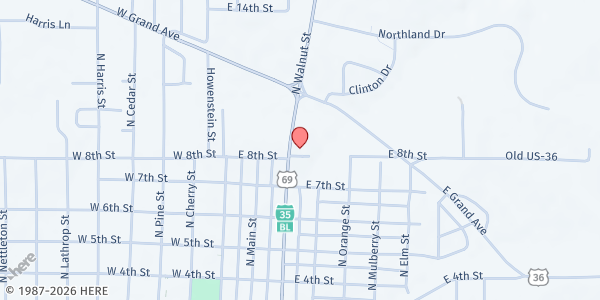 Map showing Cameron Food Pantry - Food Distribution Center at 808 N Walnut St, Cameron, MO