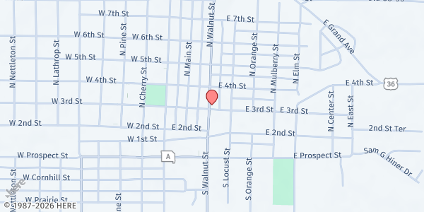 Map showing Cameron Food Pantry & New Life Shoppe at 302 N Walnut St, Cameron, MO