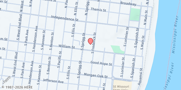 Map showing CATHOLIC SOCIAL MINISTRIES at 141 S. Frederick, Cape Girardeau, MO