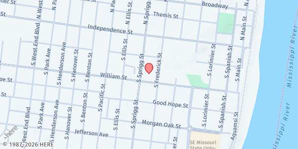 Map showing Catholic Social Ministries Food Pantry at 141 S Frederick St, Cape Girardeau, MO