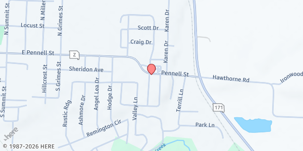Map showing Carl Junction Helping Hands Ministries at 1304 East Pennell Street, Carl Junction, MO