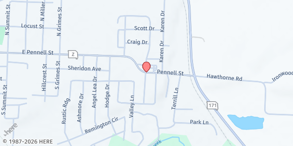 Map showing Helping Hands Ministries at 1304 East Pennell Street, Carl Junction, MO