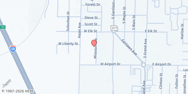 Map showing Salvation Army- Carthage Pantry & Soup Kitchen - Food Distribution Center at 2307 Missouri Ave, Carthage, MO