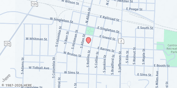 Map showing First Christian Church of Centralia at 229 S Rollins St, Centralia, MO