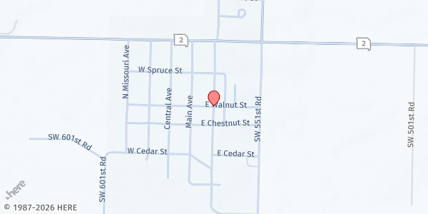 Map showing Chilhowee Baptist Church at 101 Pennsylvania Ave., Chilhowee, MO