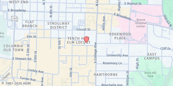 Map showing Annie Fisher Food Pantry at 1201 Paquin Street, Columbia, MO