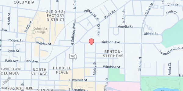 Map showing Benton STEM Elementary at 1410 Hinkson Ave, Columbia, MO