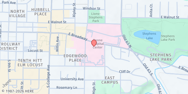 Map showing Boone Health at 1600 E. Broadway, Columbia, MO