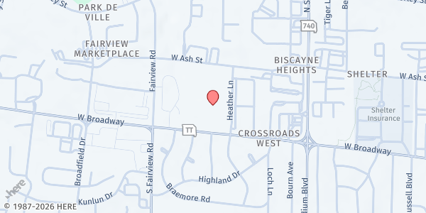 Map showing Broadway Christian Church Mobile Pantry at 2601 W. Broadway, Columbia, MO