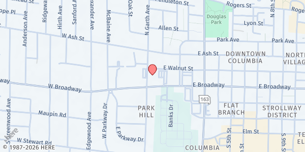 Map showing City of Refuge at 10 N. Garth Ave, Columbia, MO