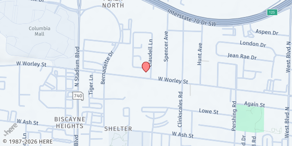 Map showing Columbia Square Town Homes at 1715 West Worley, Suite C, Columbia, MO
