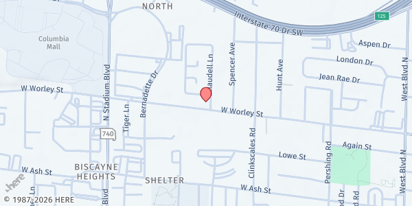 Map showing Columbia Square Town Homes - Food Distribution Center at 1715 W Worley St, Columbia, MO