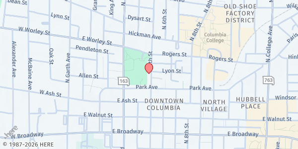 Map showing Fifth Street Food Pantry - Food Distribution Center at 401 N 5th St, Columbia, MO