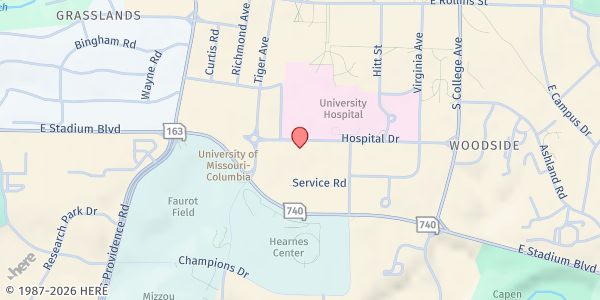 Map showing Harry S. Truman Memorial Veteran's Hospital (VA) at 800 Hospital Dr., Columbia, MO